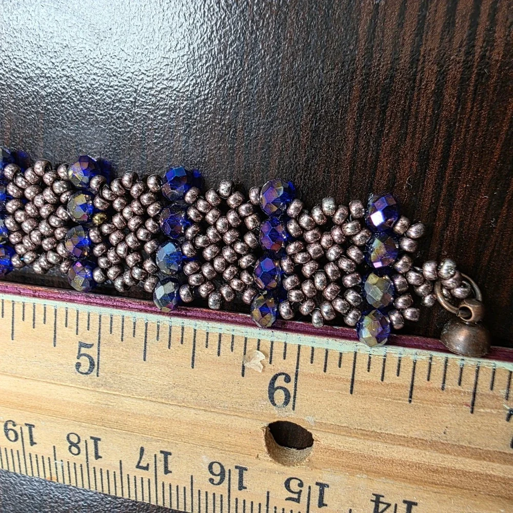 Handmade Beaded Cuff Bracelet Blue Iridescent Crystal Bronze Seed Bead Magnetic